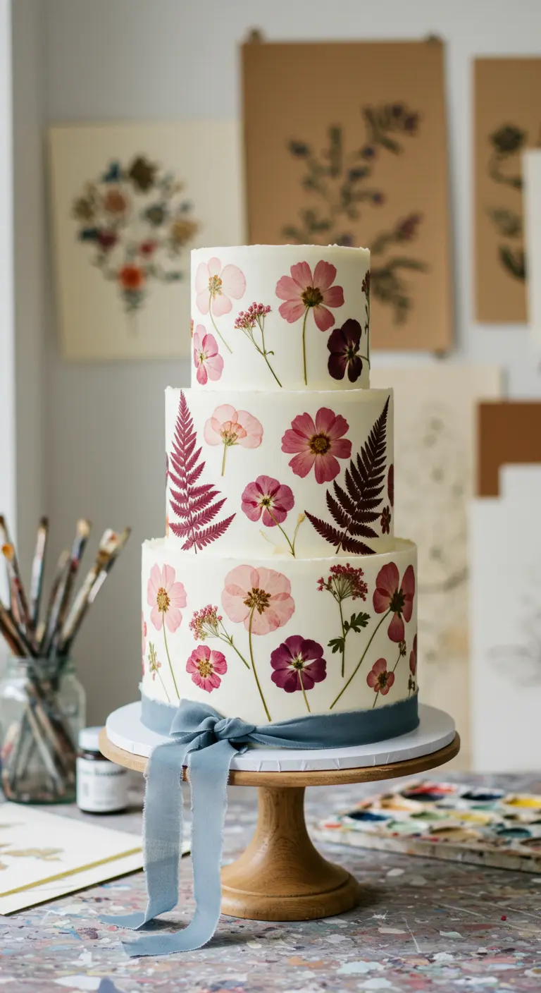 Dreistöckige weiße Torte, dekoriert mit echten gepressten rosa und violetten Blüten und einem blauen Seidenband.