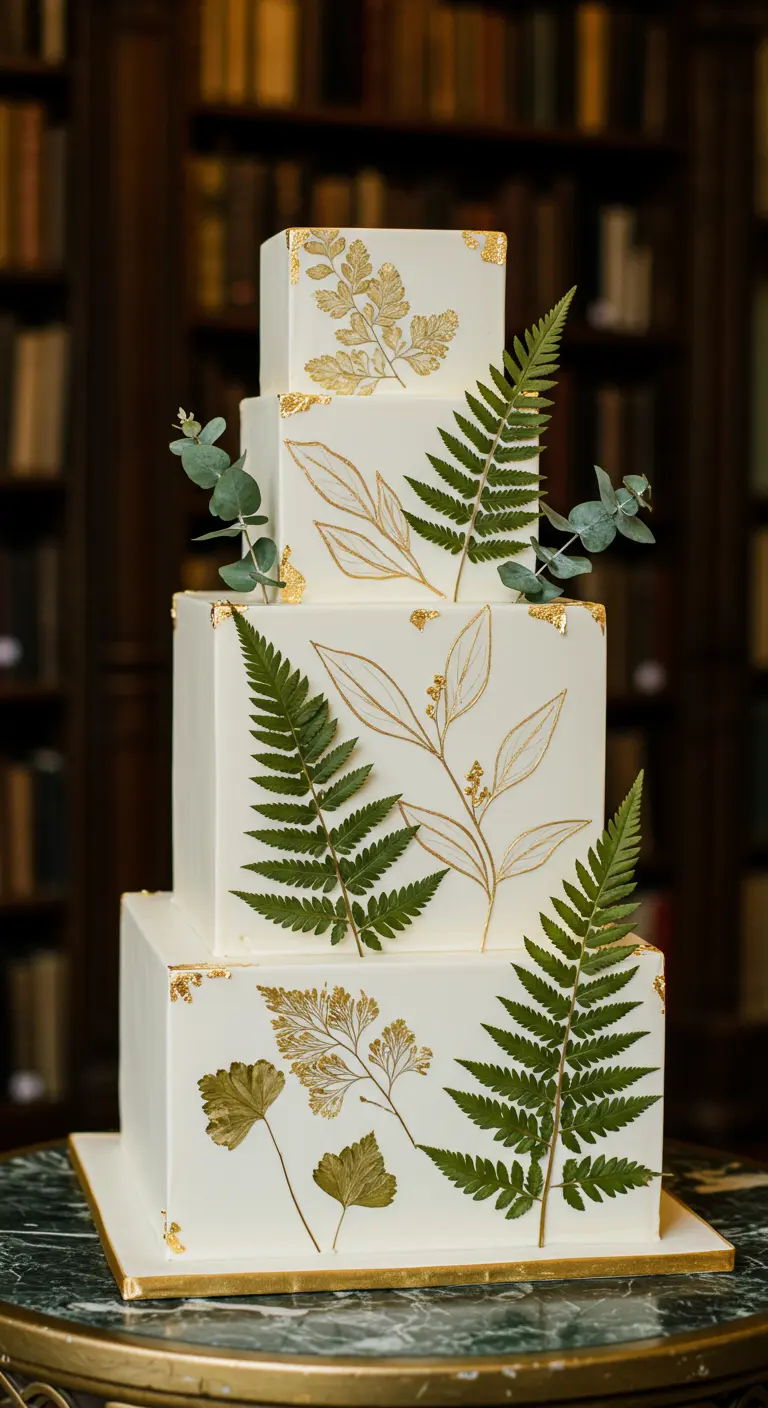 Weiße, quadratische Torte mit gepressten und goldenen Blättern sowie frischen Farnen.
