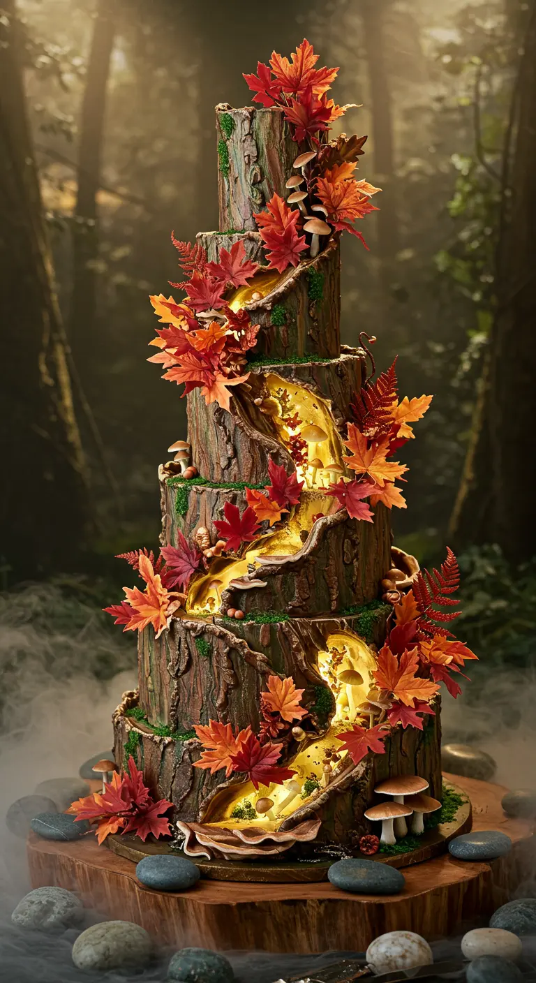 Mehrstöckige Hochzeitstorte in Baumstamm-Optik mit goldenem Fluss, leuchtenden Herbstblättern und Pilzen.