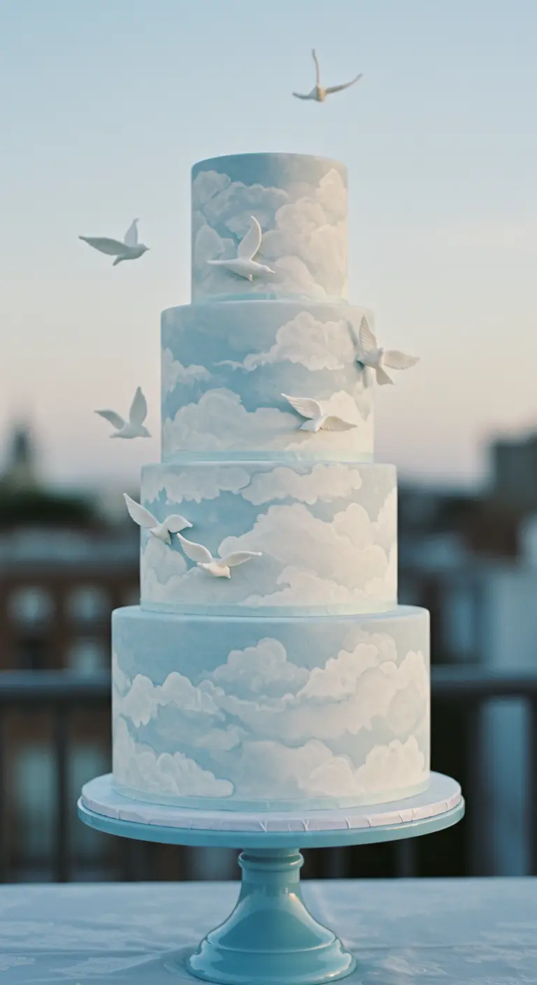 Vierstöckige, hellblaue Torte mit gemalten Wolken und weißen Fondant-Tauben.