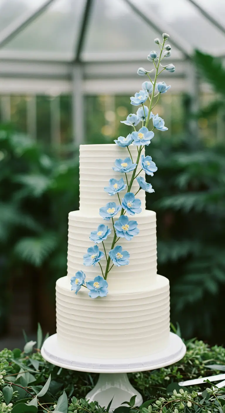 Dreistöckige weiße Torte mit Rillen und einer emporrankenden blauen Ritterspornblüte.
