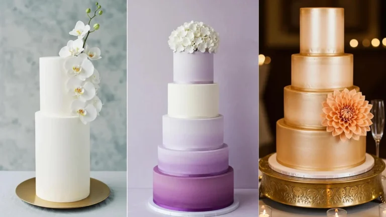 Hochzeitstorten mit minimalistischer Eleganz: weiß mit Orchideen, lila Ombre und goldene Torte mit großer Blüte.