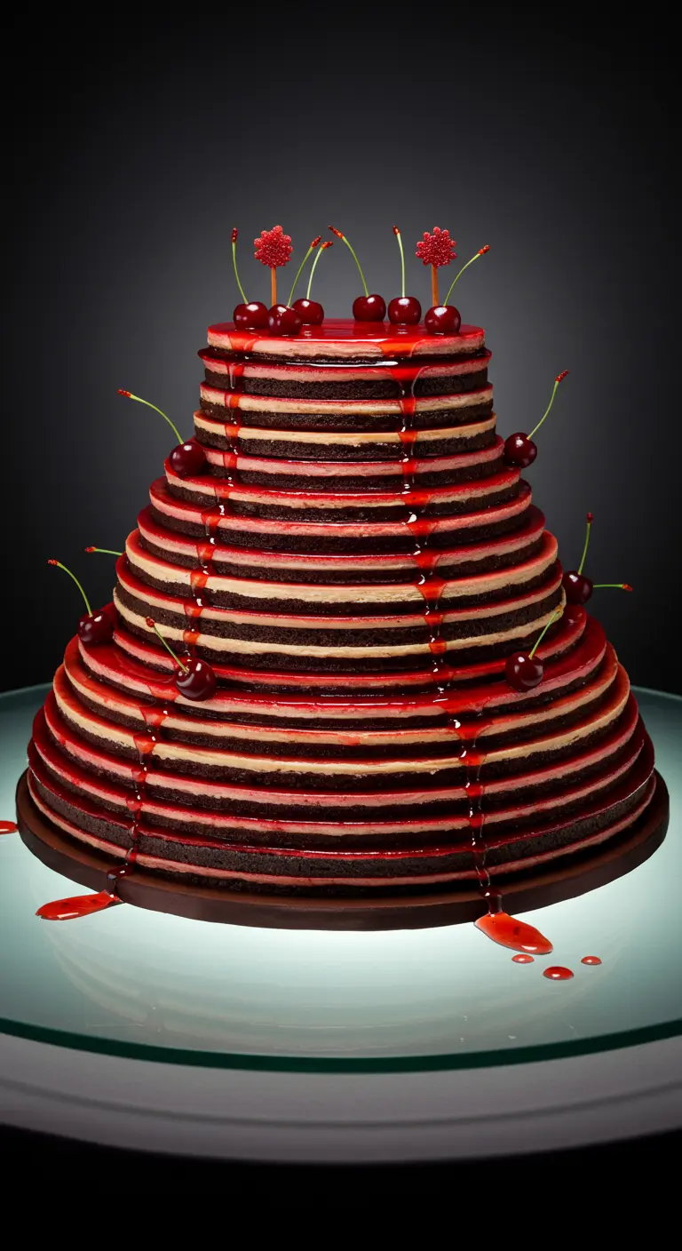 Breite, gestufte Torte mit horizontalen Schichten in Braun, Rosa und Weiß, mit Kirschsoße und frischen Kirschen