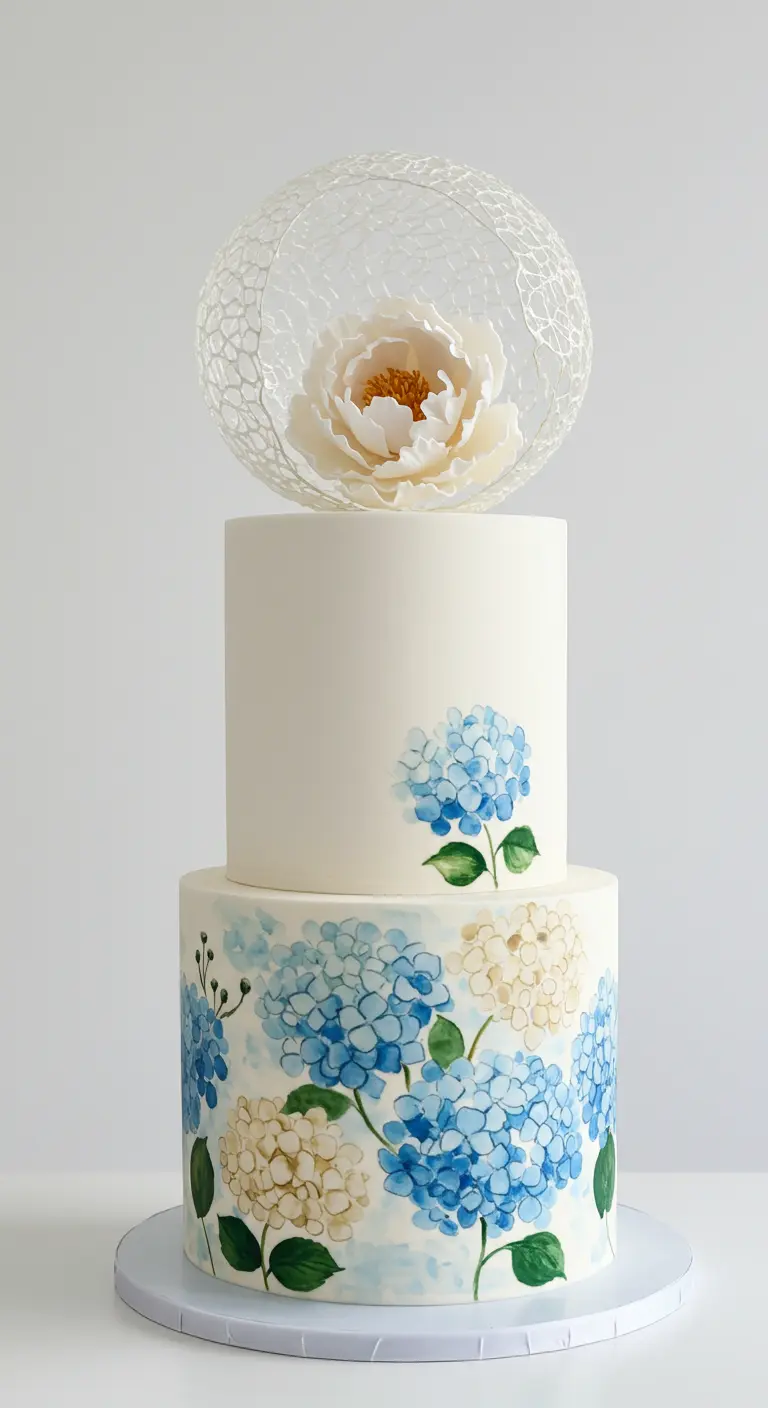 Zweistöckige Torte mit gemalten Hortensien und einer Zuckerblume in einer Spitzenkugel.