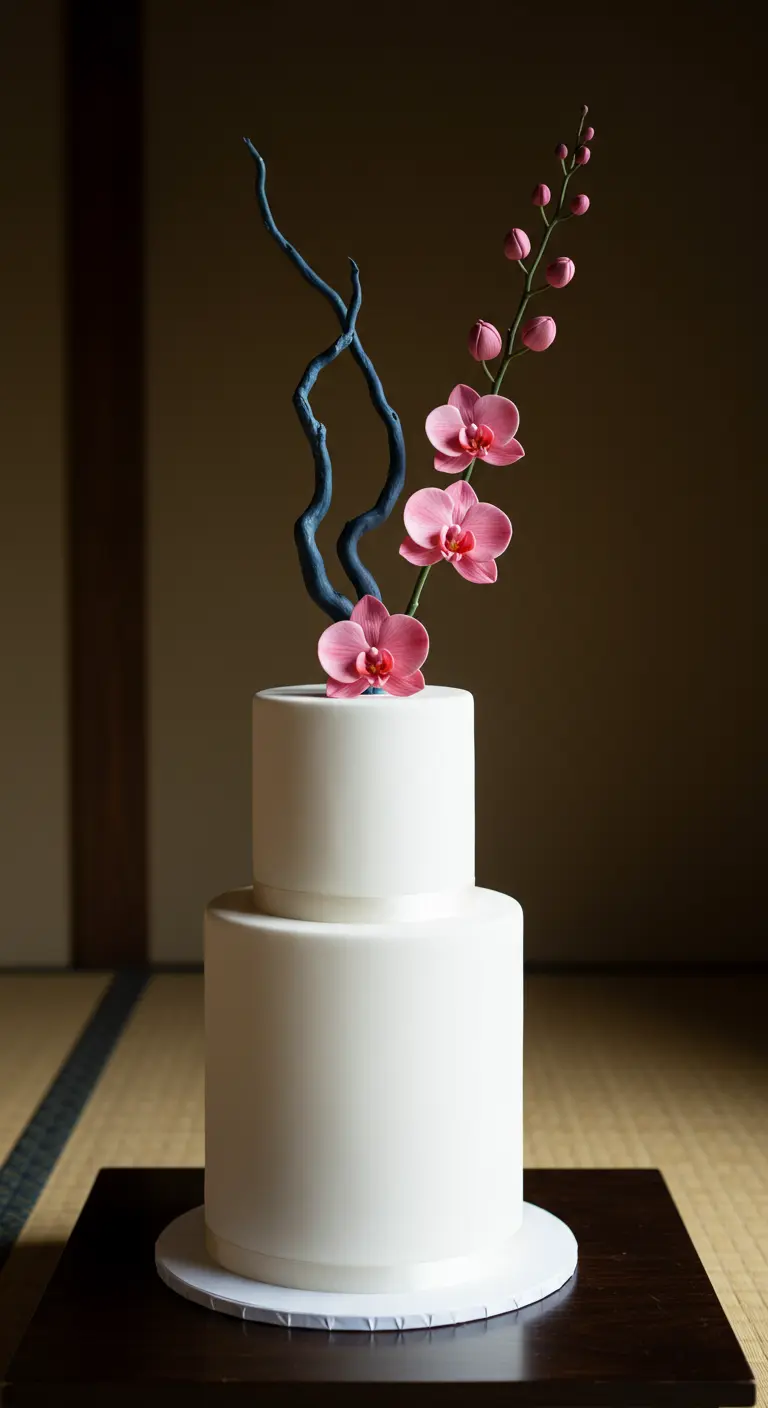 Schlichte, zweistöckige weiße Torte, dekoriert mit einem blauen Ast und rosa Orchideen im Ikebana-Stil.
