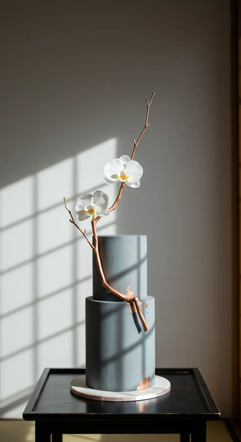 Zweistöckige graue Torte, dekoriert mit einem roségoldenen Ast und zwei weißen Seiden-Orchideen.