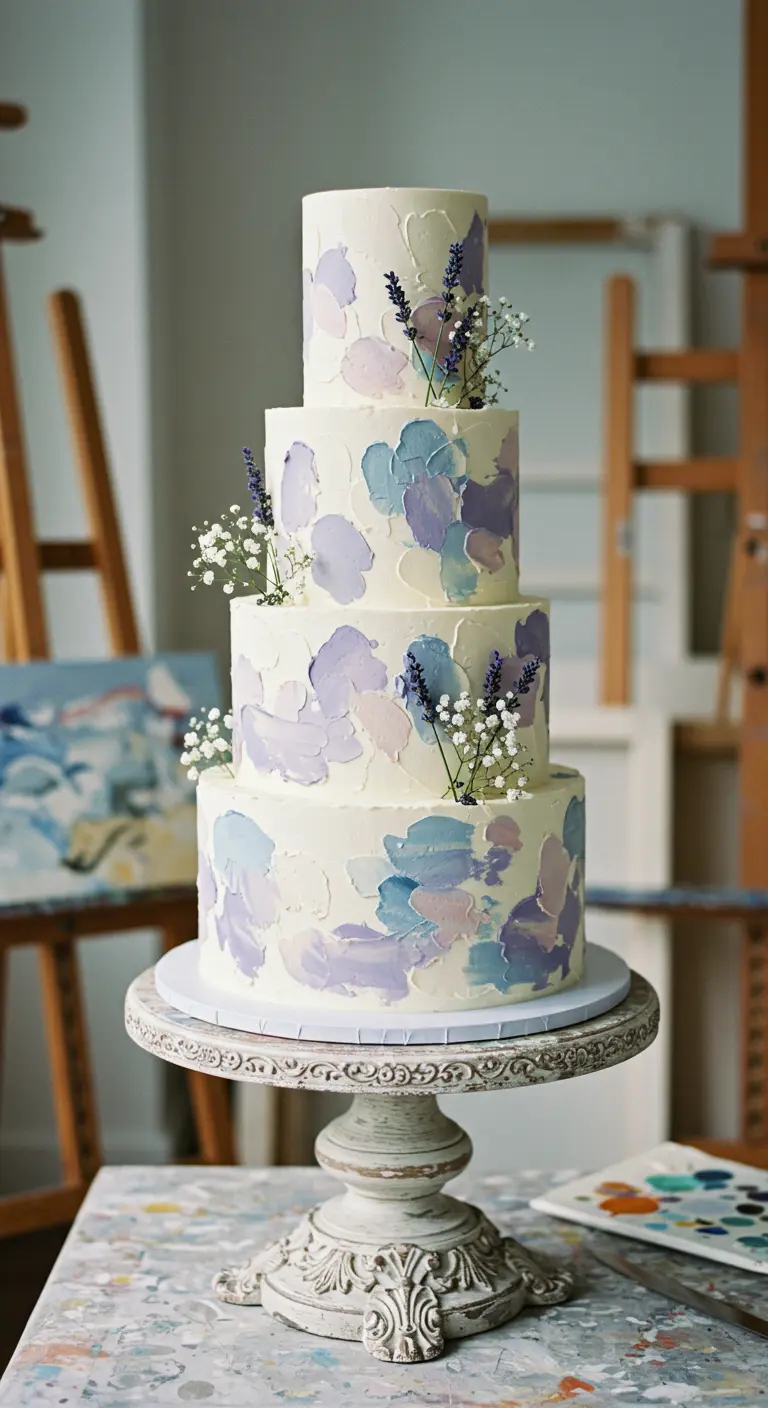 Vierschichtige Torte mit impressionistischen Farbtupfern in Blau und Lila.