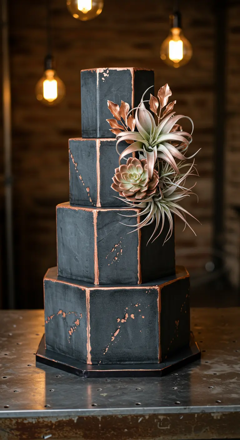 Vierstöckige, sechseckige Torte in schwarzer Stein-Optik mit Roségold-Details und Seiden-Sukkulenten.