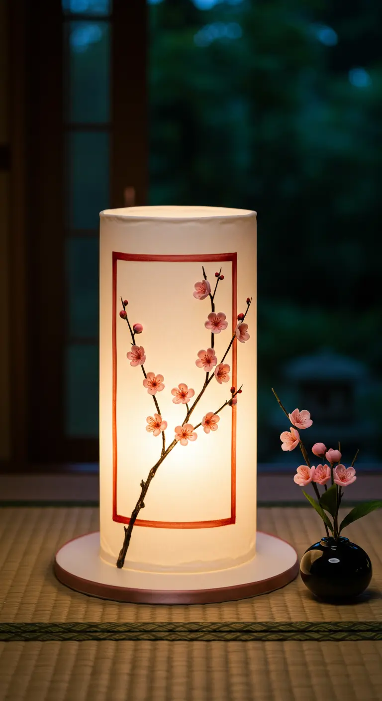 Leuchtende, zylindrische Torte im Stil einer japanischen Laterne mit Kirschblüten-Motiv.