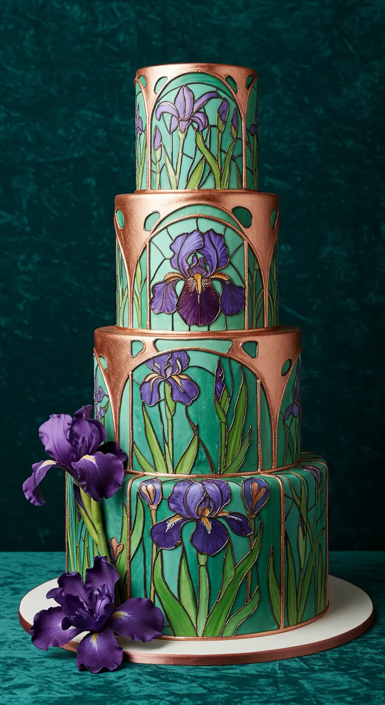 Vierstöckige Torte im Jugendstil, bemalt wie ein Kirchenfenster mit Iris-Motiven und Roségold-Akzenten.