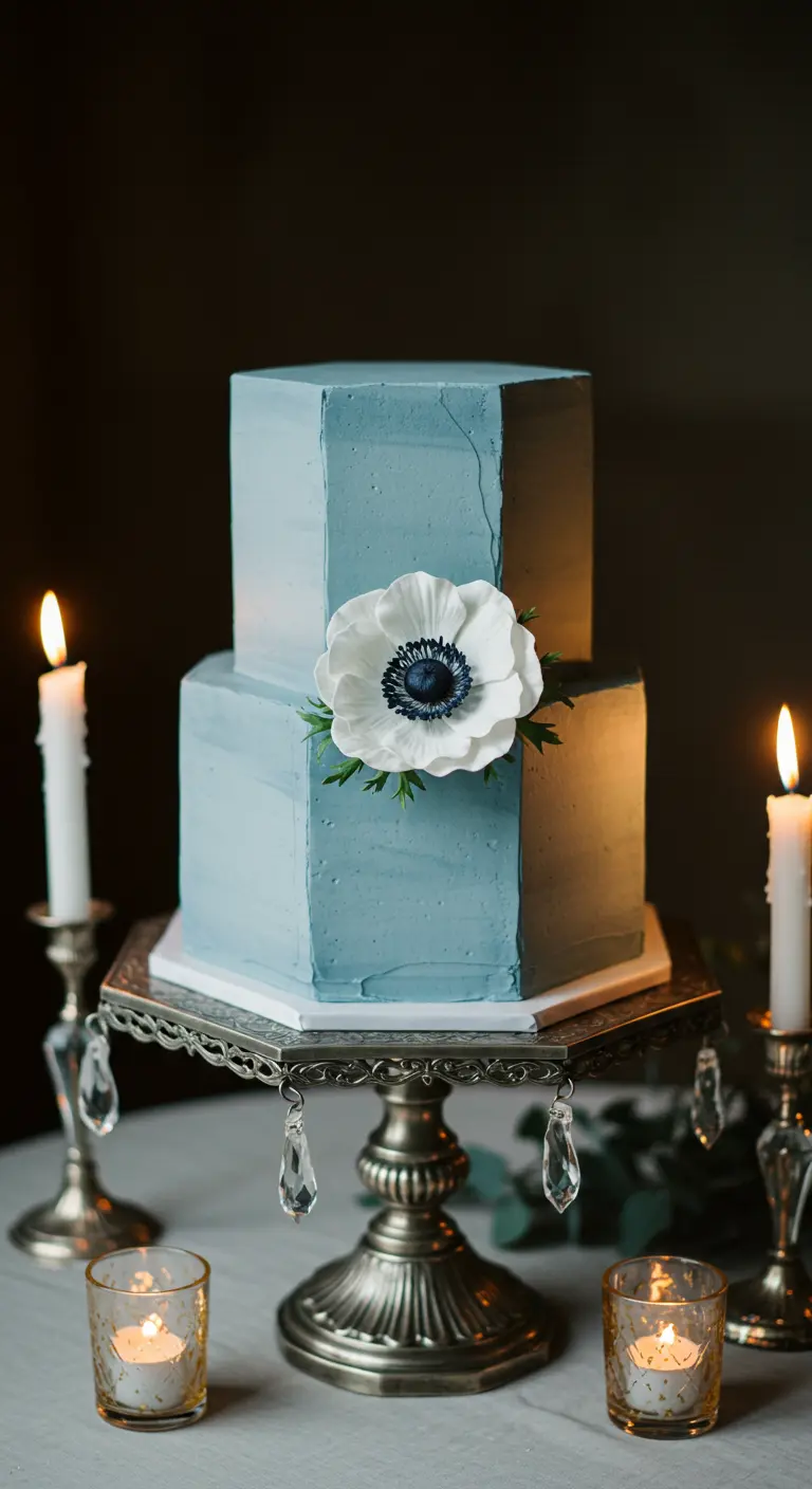 Zweistöckige, sechseckige, blaue Torte mit einer weißen Anemone mit dunkler Mitte.