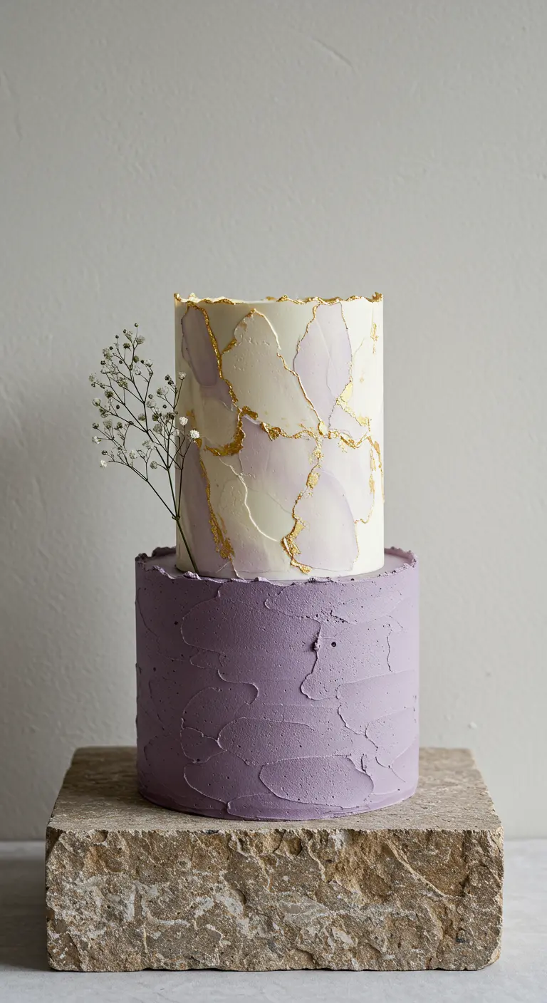 Zweistöckige Torte mit lila Struktur und goldenen Kintsugi-Rissen.