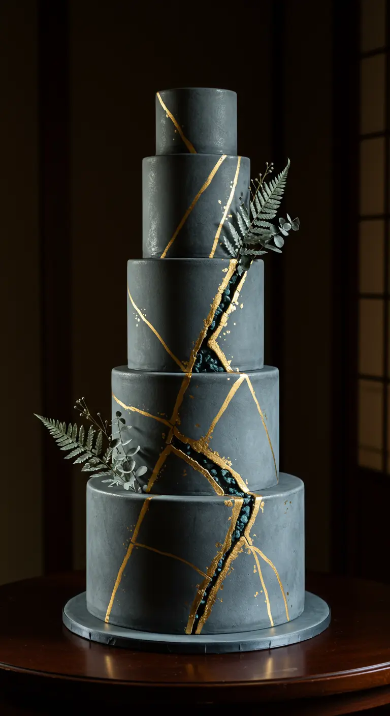 Fünfstöckige graue Hochzeitstorte mit Goldrissen und Farnzweigen.