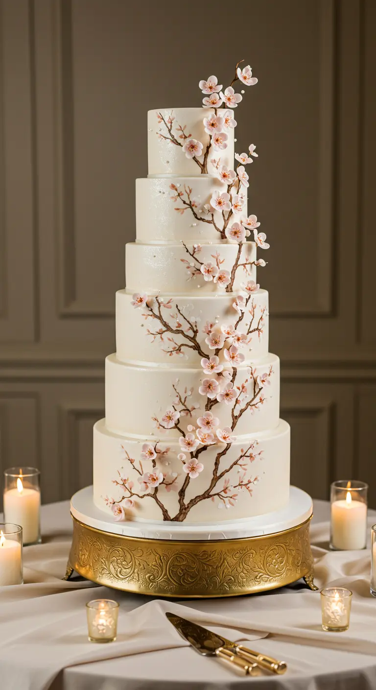 Fünfstöckige weiße Hochzeitstorte mit aufgemalten Kirschblütenzweigen.