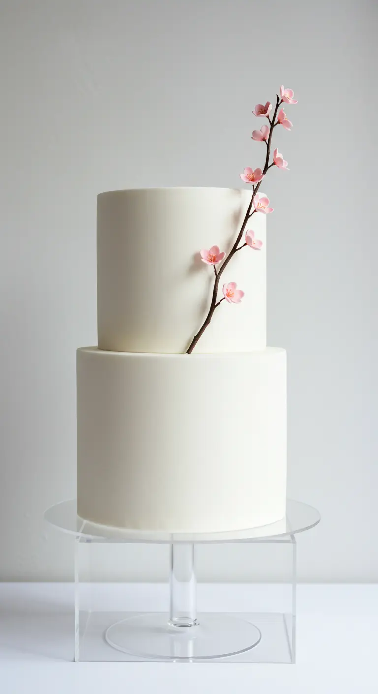 Zweistöckige, weiße Torte mit einem zarten Kirschblütenzweig.