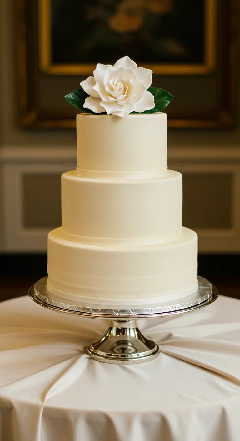 Dreistöckige Hochzeitstorte in Elfenbein mit einer weißen Gardenie.