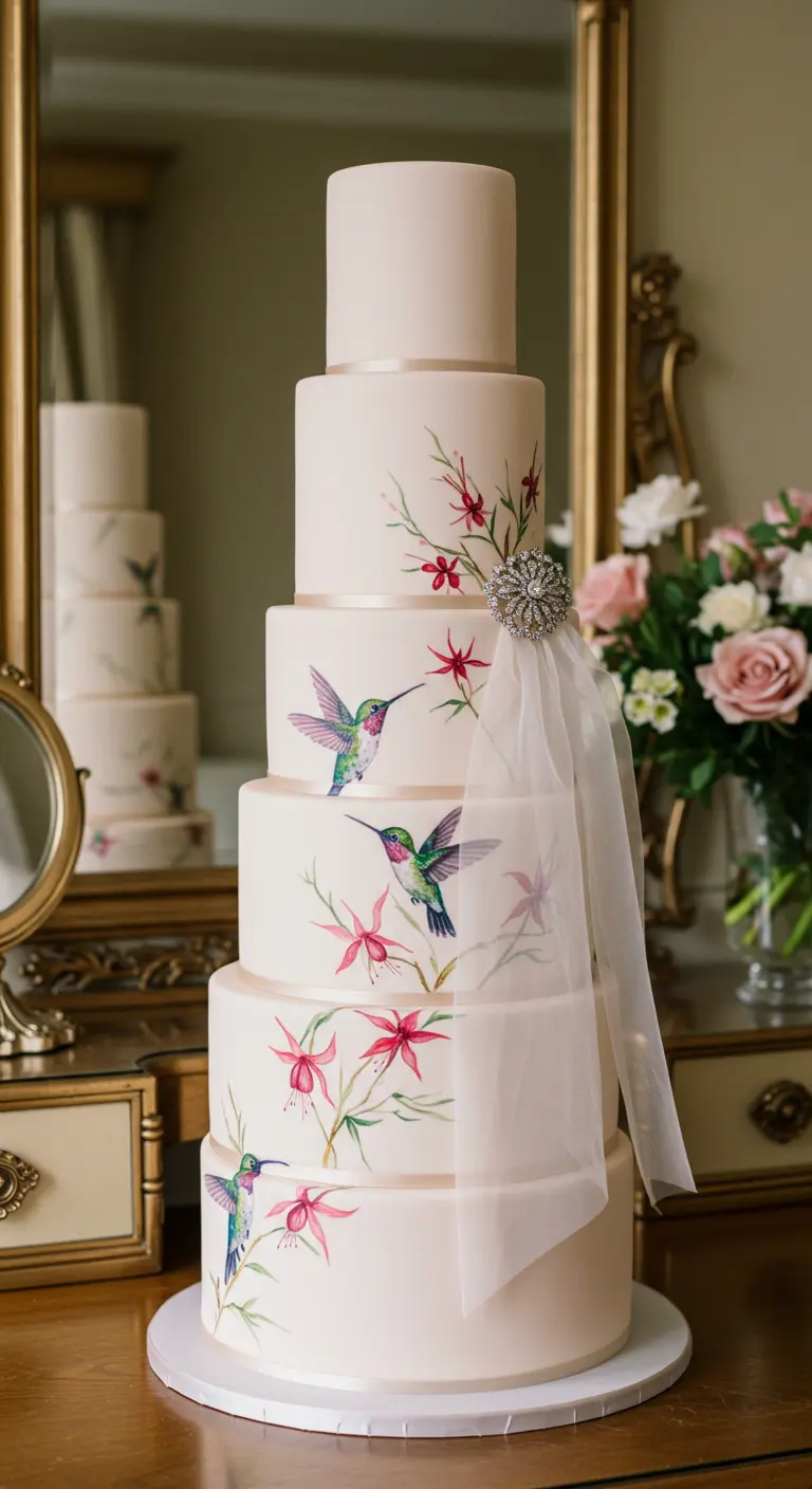 Hohe, achteckige Torte mit gemalten Kolibris und einem Stoff-ähnlichen Schleier.