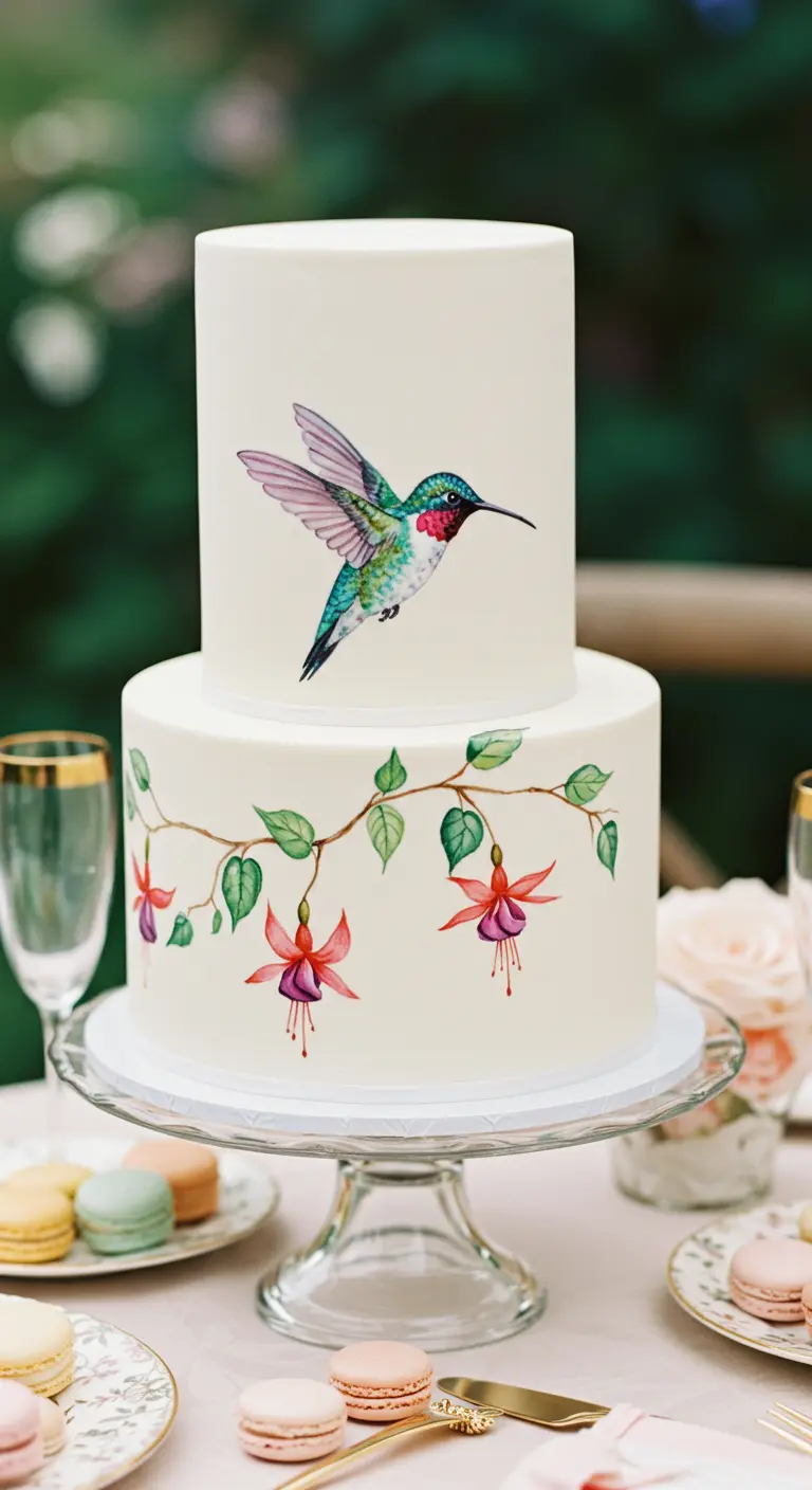 Zweistöckige Torte mit handgemaltem Kolibri auf der oberen und Fuchsien auf der unteren Etage.