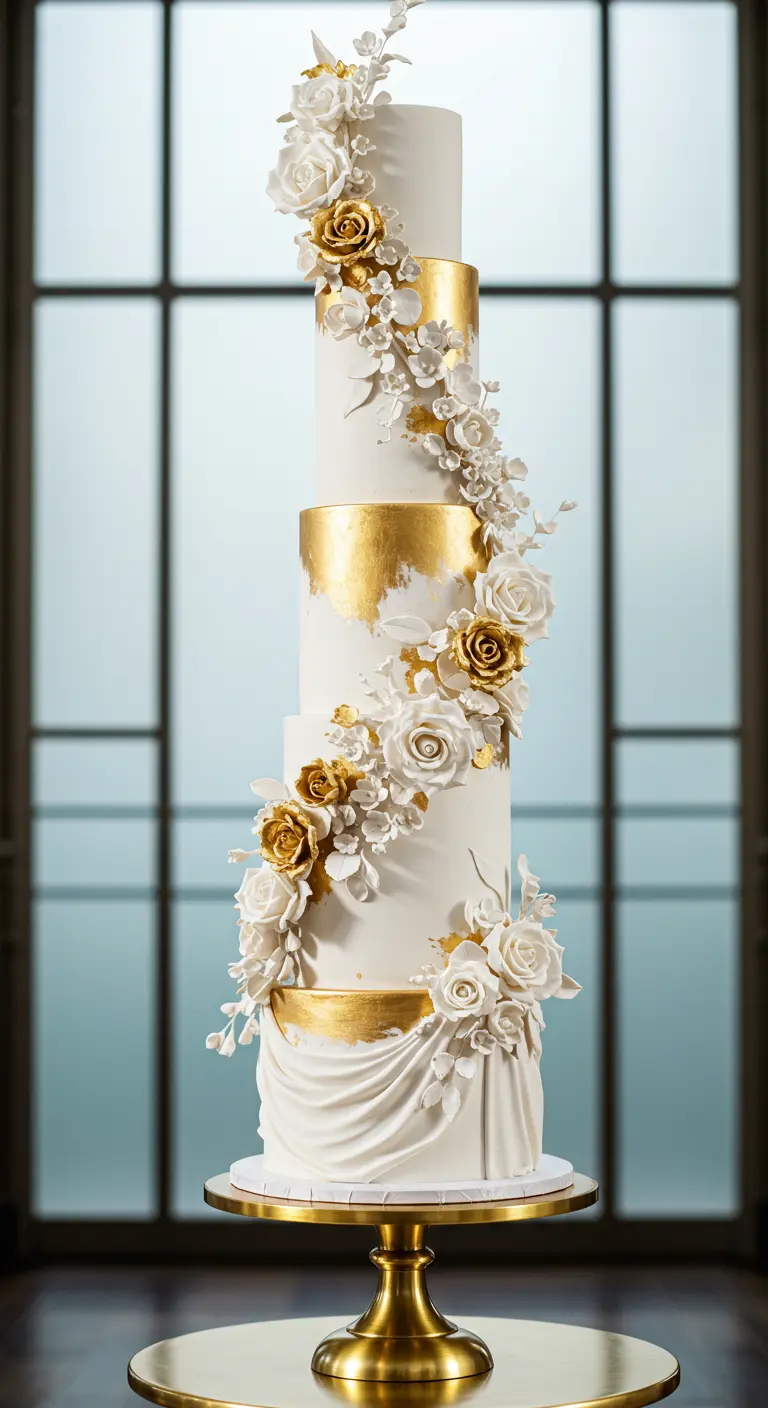 Hohe, weiße Hochzeitstorte mit goldenen Akzenten und einer Kaskade aus weißen und goldenen Zuckerrosen.