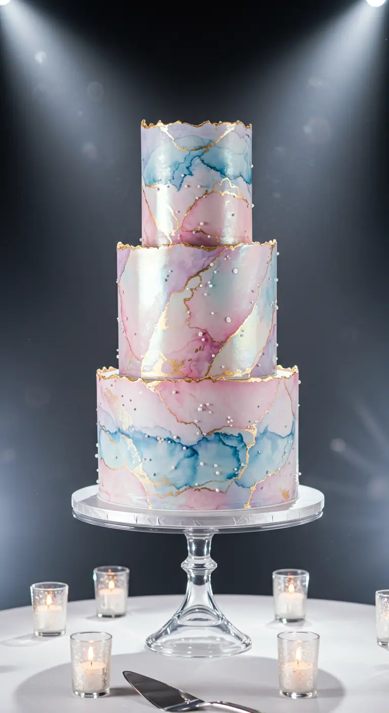 Dreistöckige Torte mit rosa-blauem Aquarell-Marmor, Goldrändern und Perlen.