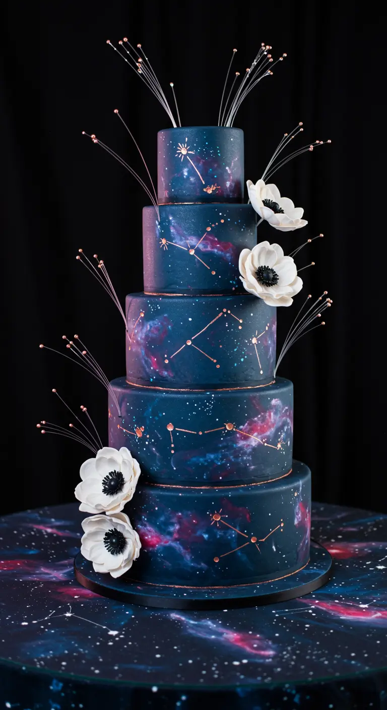 Fünfstöckige Torte im Galaxie-Design mit roségoldenen Sternbildern und weißen Seiden-Anemonen.