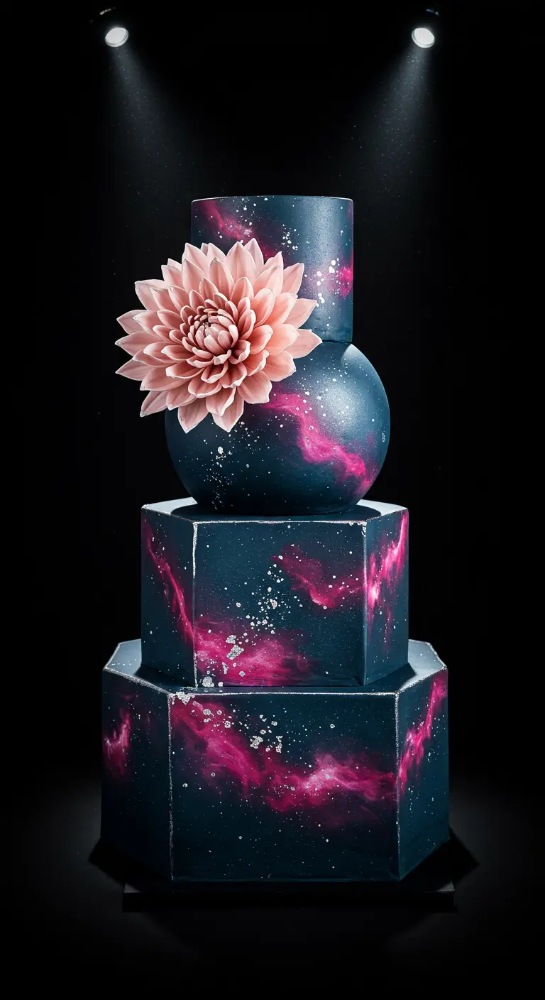 Mehrstöckige Torte mit Galaxy-Muster in Blau und Pink, dekoriert mit einer großen rosa Dahlie.