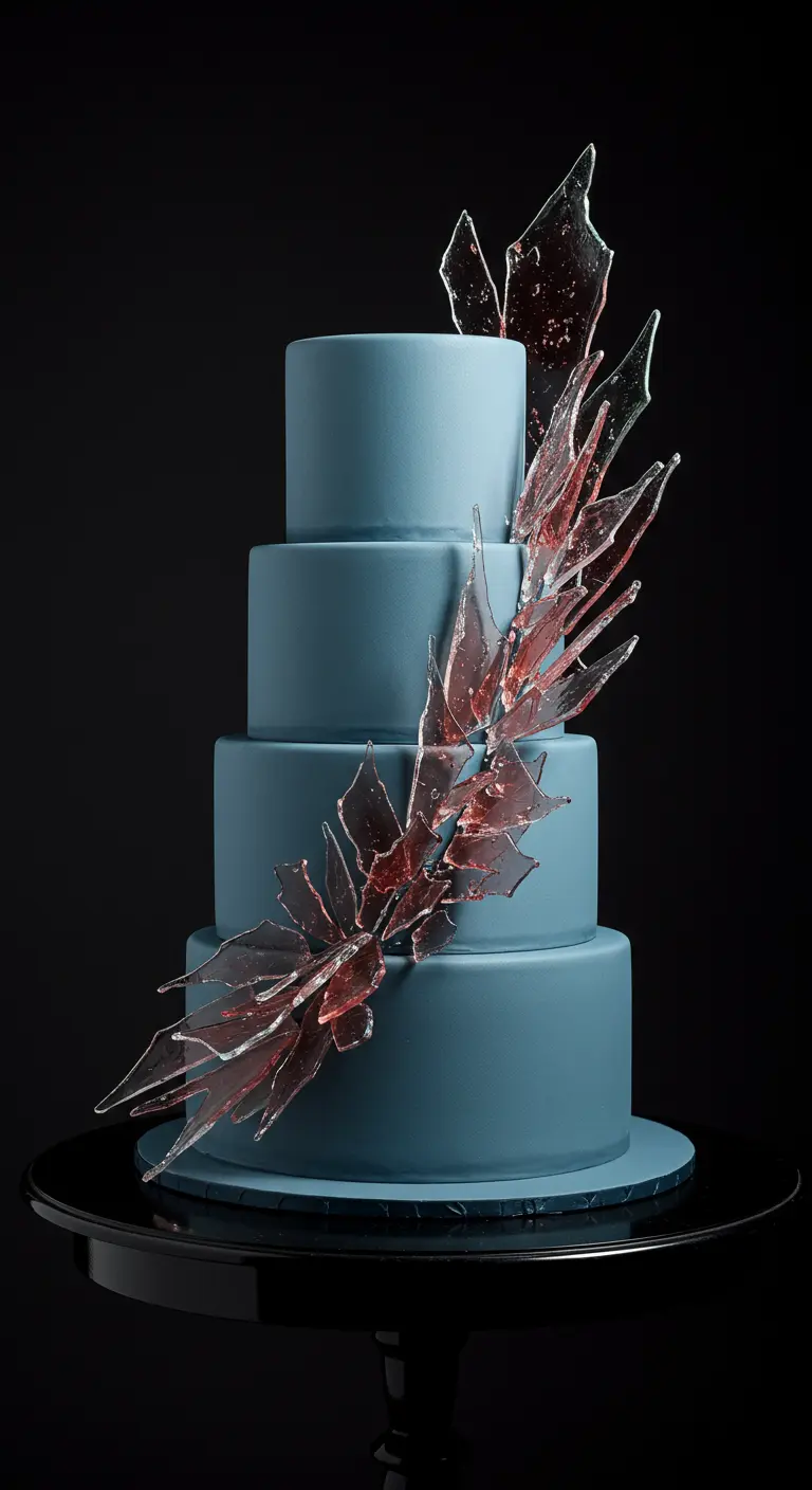 Vierstöckige, runde Torte in Dusty Blue, dekoriert mit einer großen, aufsteigenden Skulptur aus rosafarbenen Zuckerscherben.