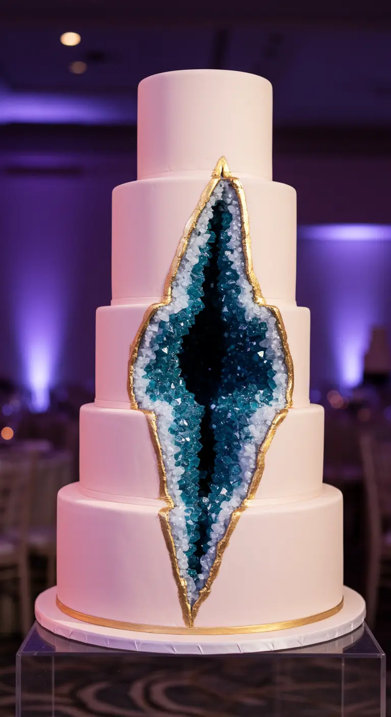 Hohe, rosafarbene Torte mit einem großen, vertikalen Geode-Einschnitt, gefüllt mit blauen Kristallen und Goldrand.