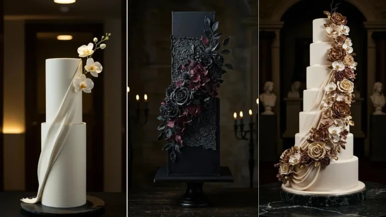 Kunstvolle, florale Hochzeitstorten mit Blutdrapierungen, darunter ein schwarzes Design mit tiefroten Blumen.