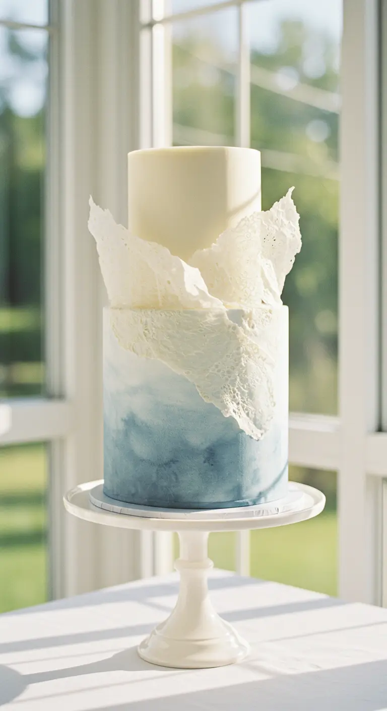 Zweistöckige Torte mit blauem Aquarell-Farbverlauf und weißer Zucker-Spitze.