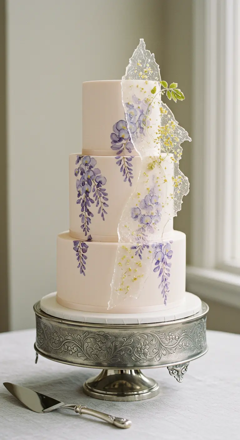 Dreistöckige Hochzeitstorte mit lila Aquarellblumen und transparentem Zuckerschleier.