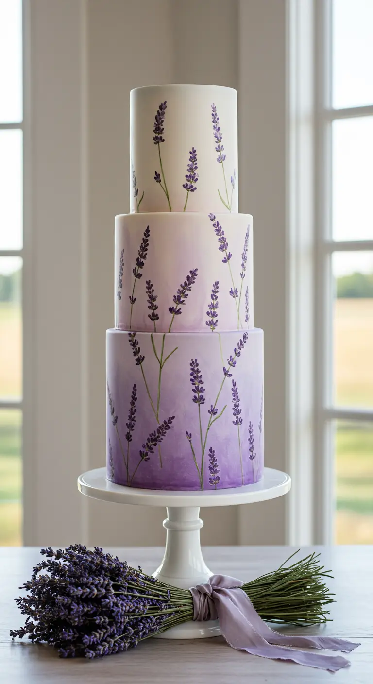 Dreistöckige Torte mit lila Farbverlauf und handgemalten Lavendelzweigen.