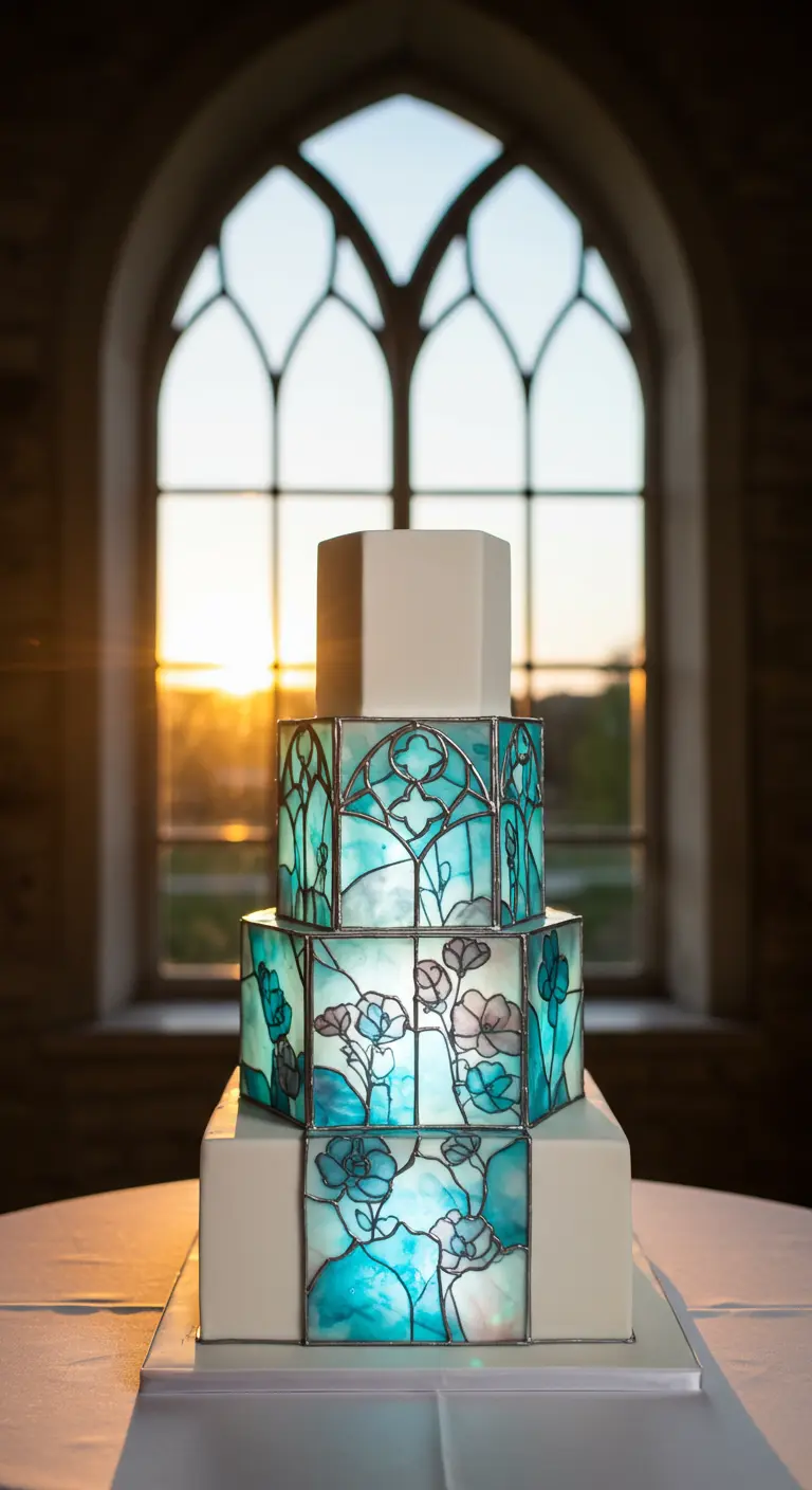 Hochzeitstorte, deren mittlere Etagen wie leuchtende Buntglasfenster mit Blumenmotiven gestaltet sind.