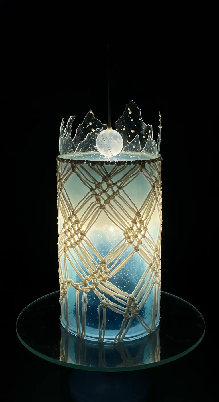 Zylindrische Hochzeitstorte mit Makramee-Muster, innen beleuchtet und Monddeko.