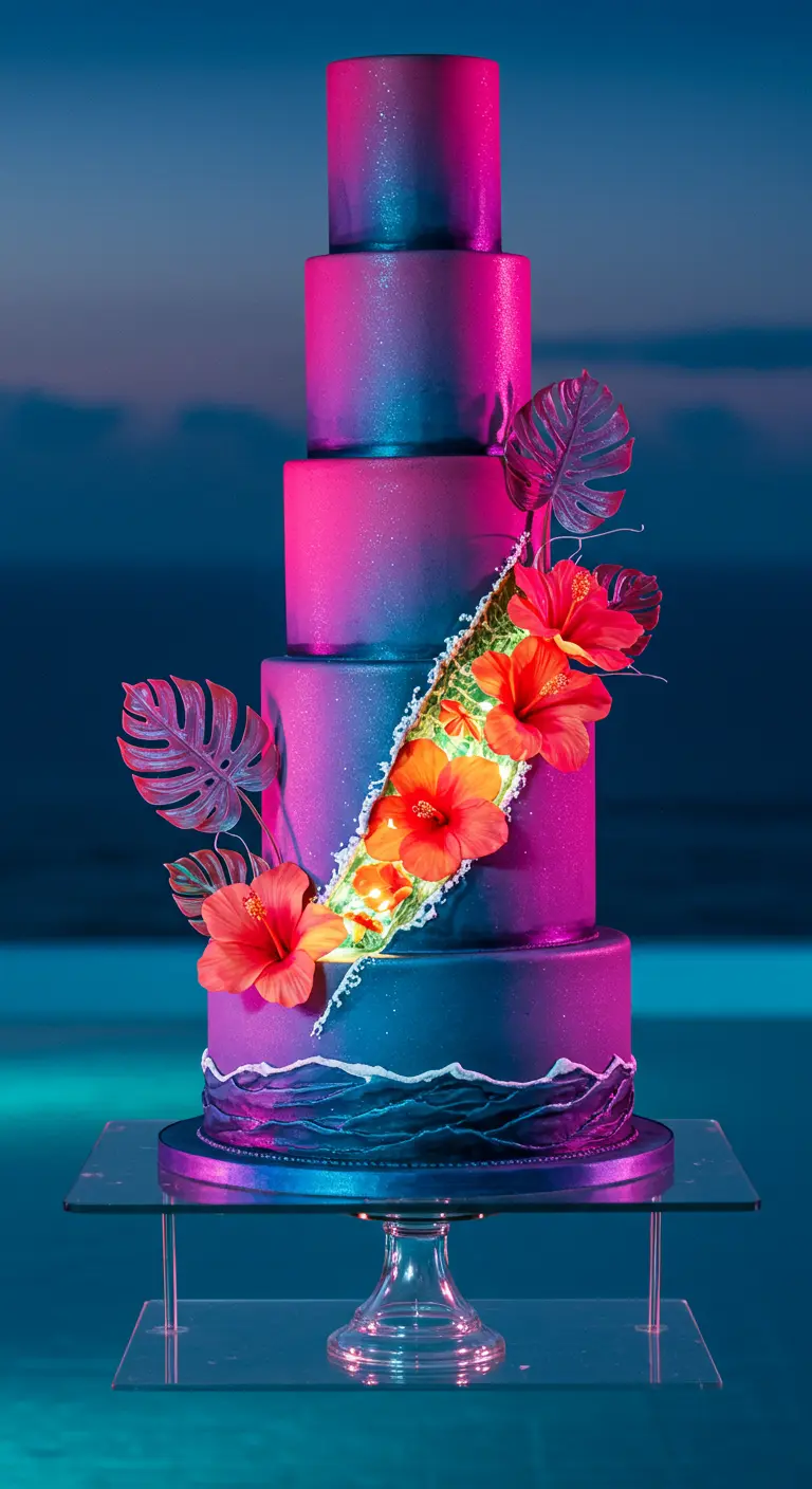 Neonblaue und pinke Torte mit leuchtendem, goldenem Spalt voller Hibiskusblüten und Monstera-Blättern.