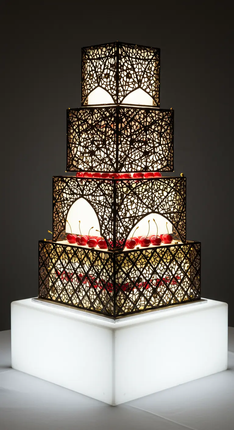 Vierstöckige Torte mit beleuchteten, filigranen Schokoladenrahmen, die Kirschen im Inneren zeigen