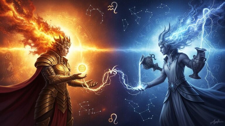 Die Sternzeichen Löwe und Wassermann in einer astrologischen Darstellung ihrer herausfordernden, perfekten Verbindung.
