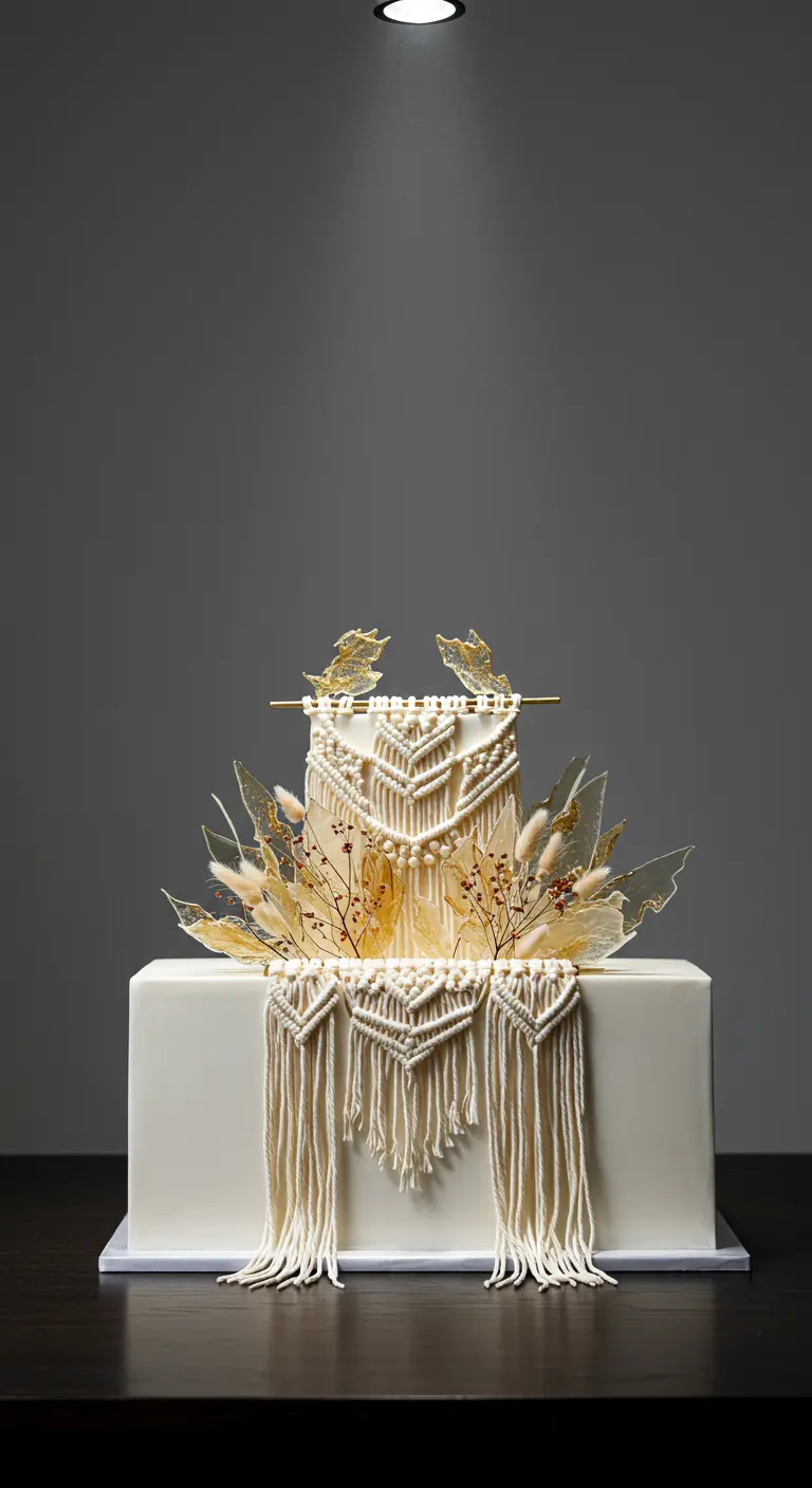 Weiße rechteckige Hochzeitstorte mit Makramee-Banner und goldenen Zuckerblättern.