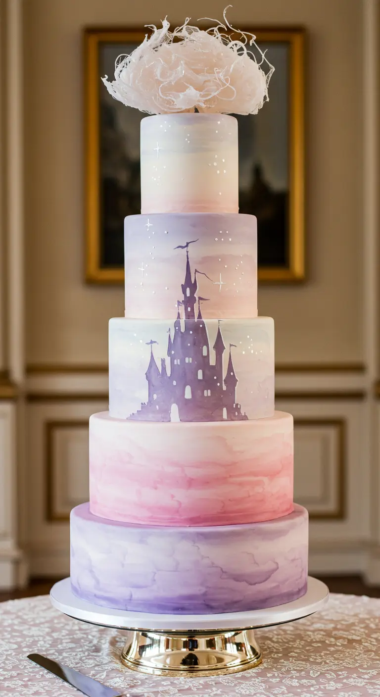 Mehrstöckige Torte mit rosa-lila Farbverlauf und der Silhouette eines Märchenschlosses.