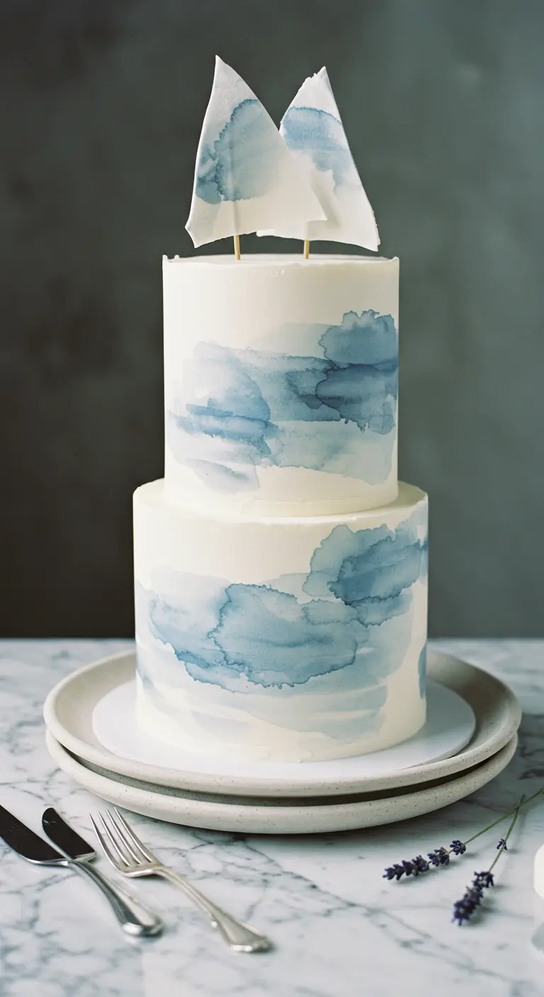 Zweistöckige weiße Torte mit blauen Aquarell-Akzenten und Segelboot-Topper.
