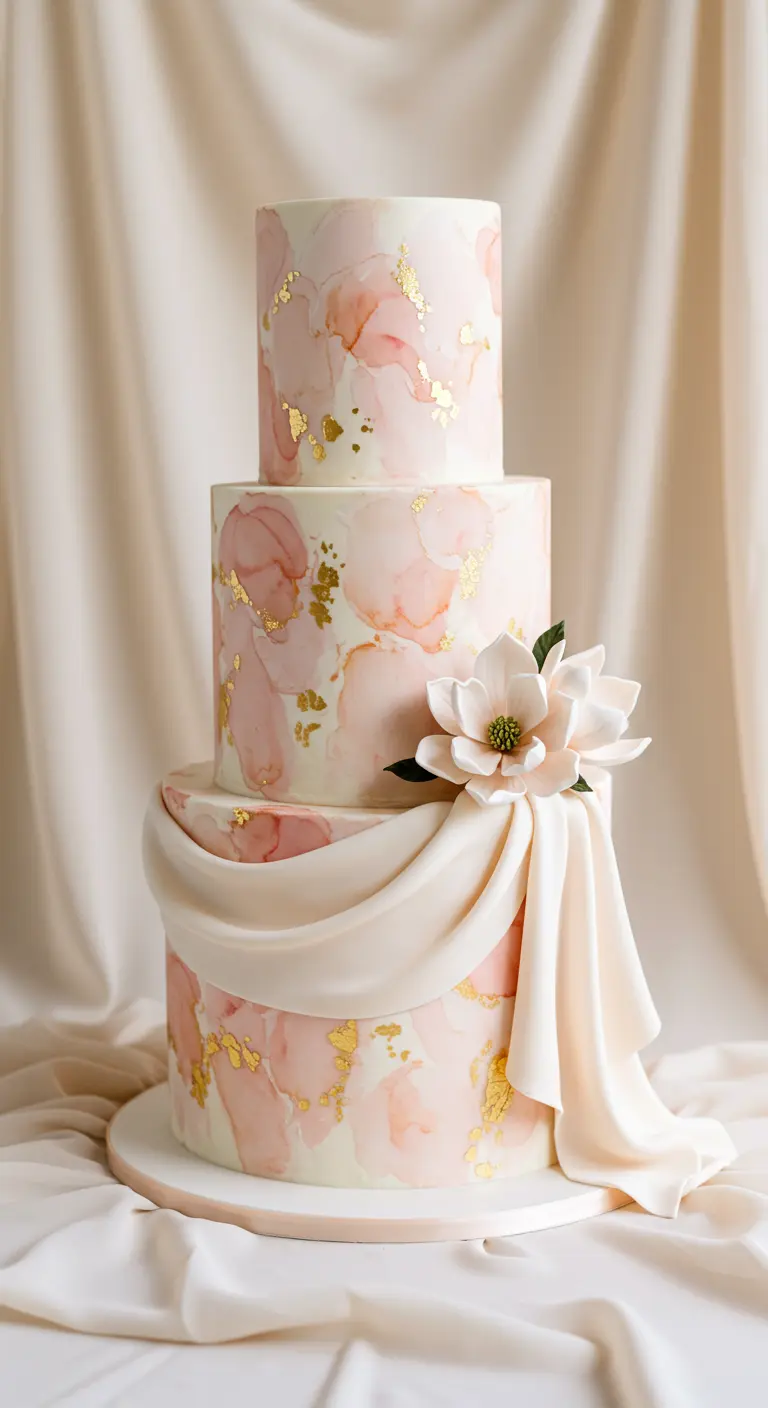 Rosa-weiß marmorierte Torte mit Goldakzenten und einer weißen Zuckermagnolie.