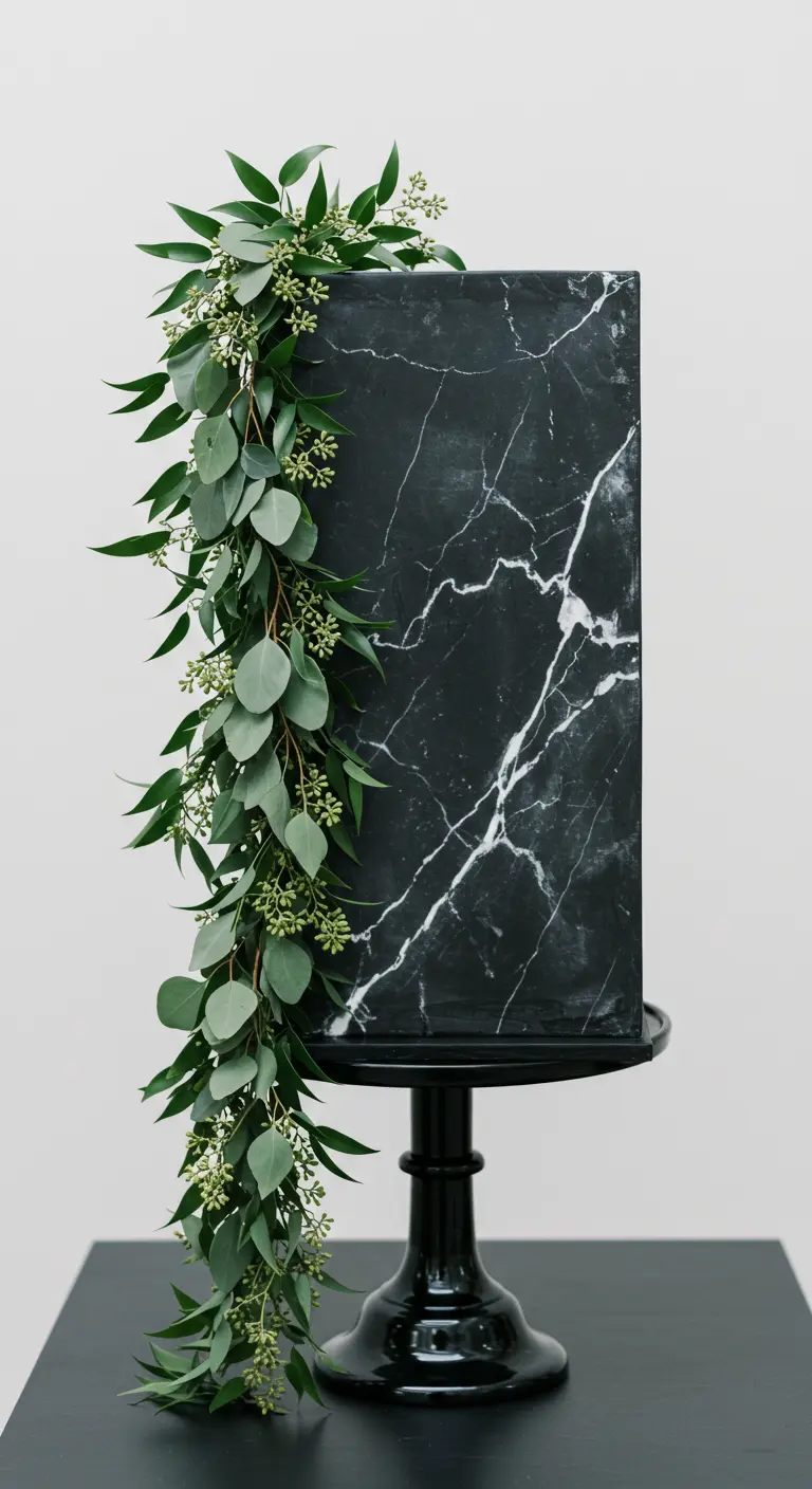 Hohe, rechteckige Torte in schwarzer Marmor-Optik mit einer Eukalyptus-Girlande.