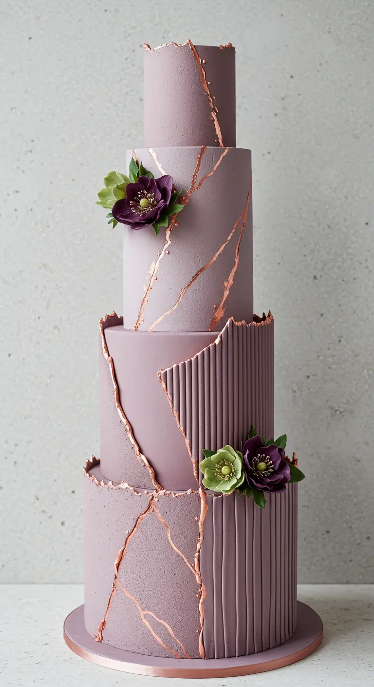 Vierstöckige Torte in Mauve mit verschiedenen Texturen, Roségold-Rissen und dunklen Seidenblumen.
