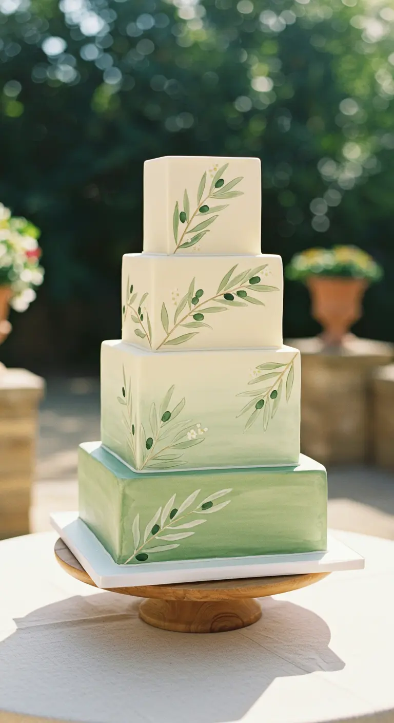 Vierstöckige, eckige Torte mit grünem Farbverlauf und handgemalten Olivenzweigen.