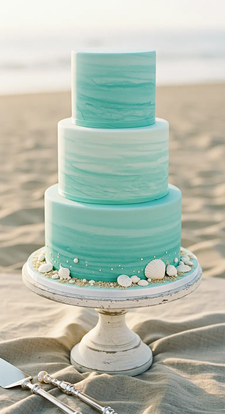 Dreistöckige, türkis-marmorierte Torte mit essbaren Muscheln und Sand am Strand.