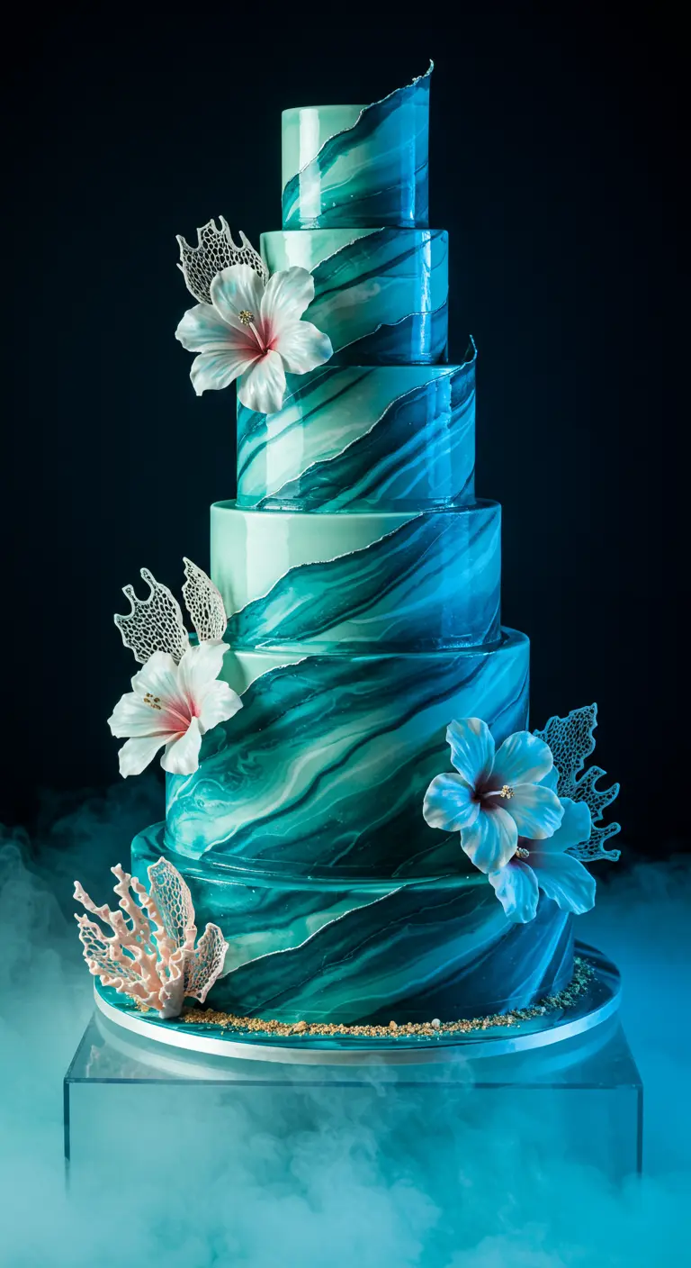 Fünfstöckige Torte in Türkis-Blau-Marmor-Optik mit geschwungenen Kanten, weißen Hibiskusblüten und Korallen.