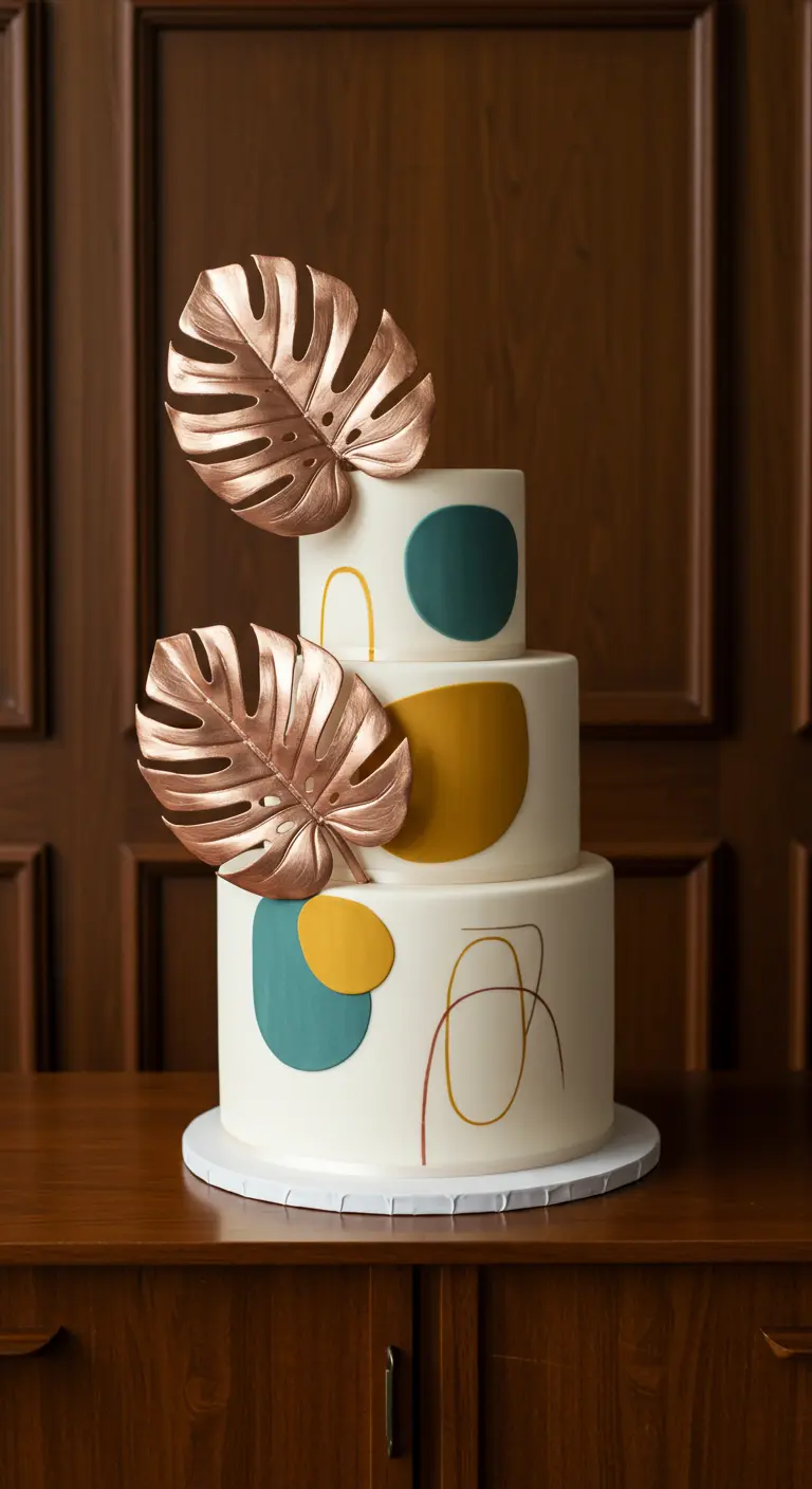 Weiße Torte mit abstrakten Formen und zwei großen, roségoldenen Monstera-Blättern aus Seide.