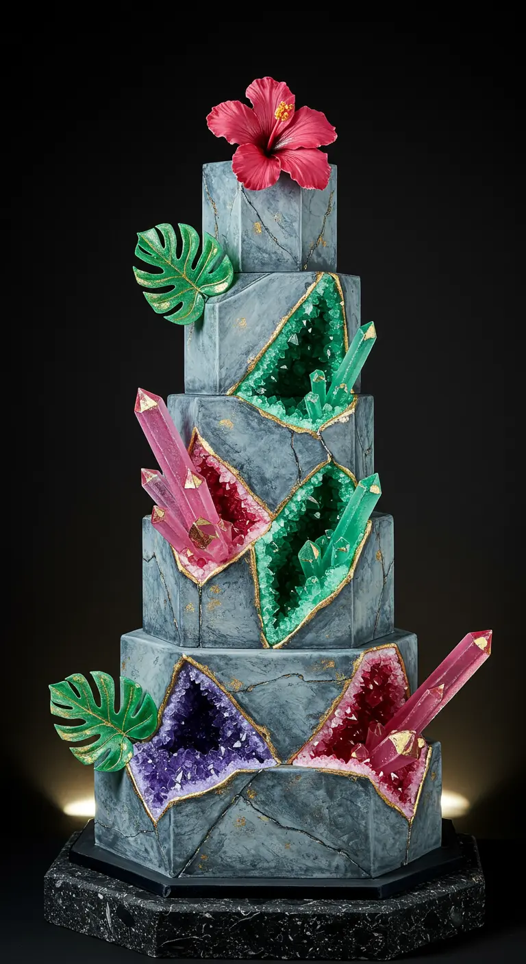 Mehrstöckige, graue Torte mit mehreren Geoden in Pink, Grün, Lila und Monstera-Blättern.