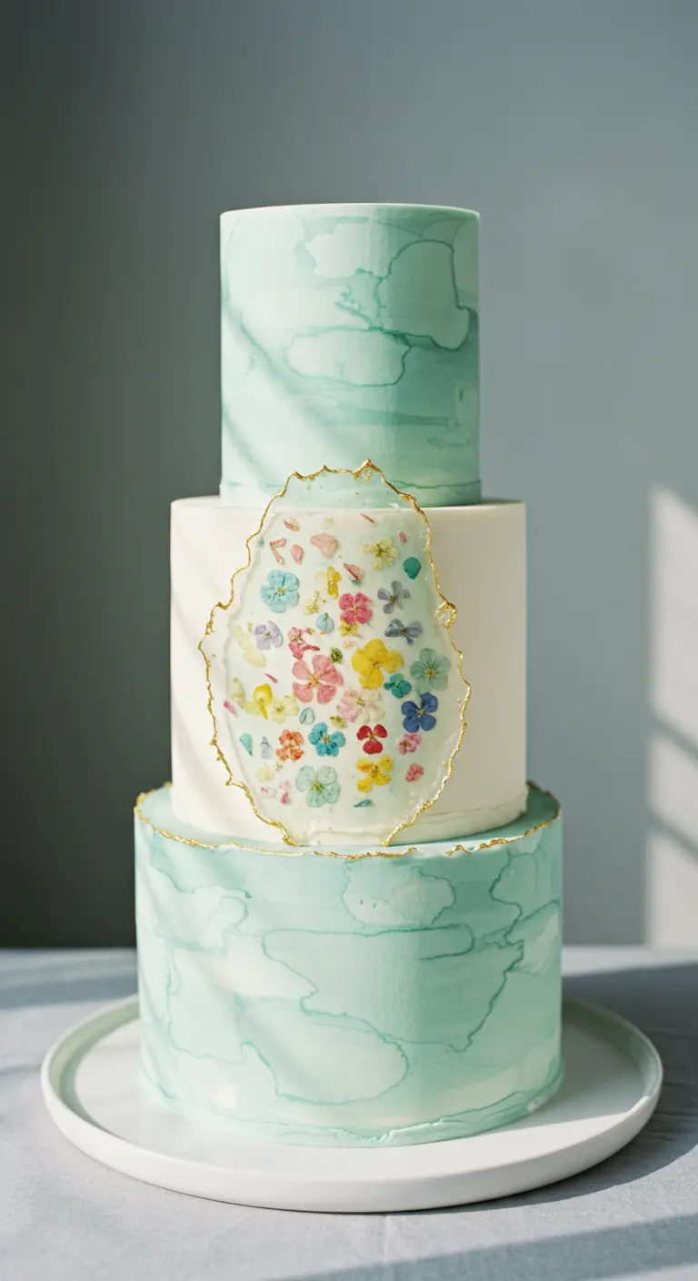 Dreistöckige Torte in Mintgrün mit einem blumigen Geoden-Ausschnitt in der Mitte.