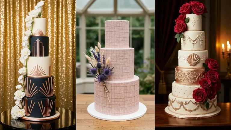 Drei florale Hochzeitstorten: mit roségoldenen Akzenten, weißen und roten Seidenblumen, sowie lila getrockneten Blumen.